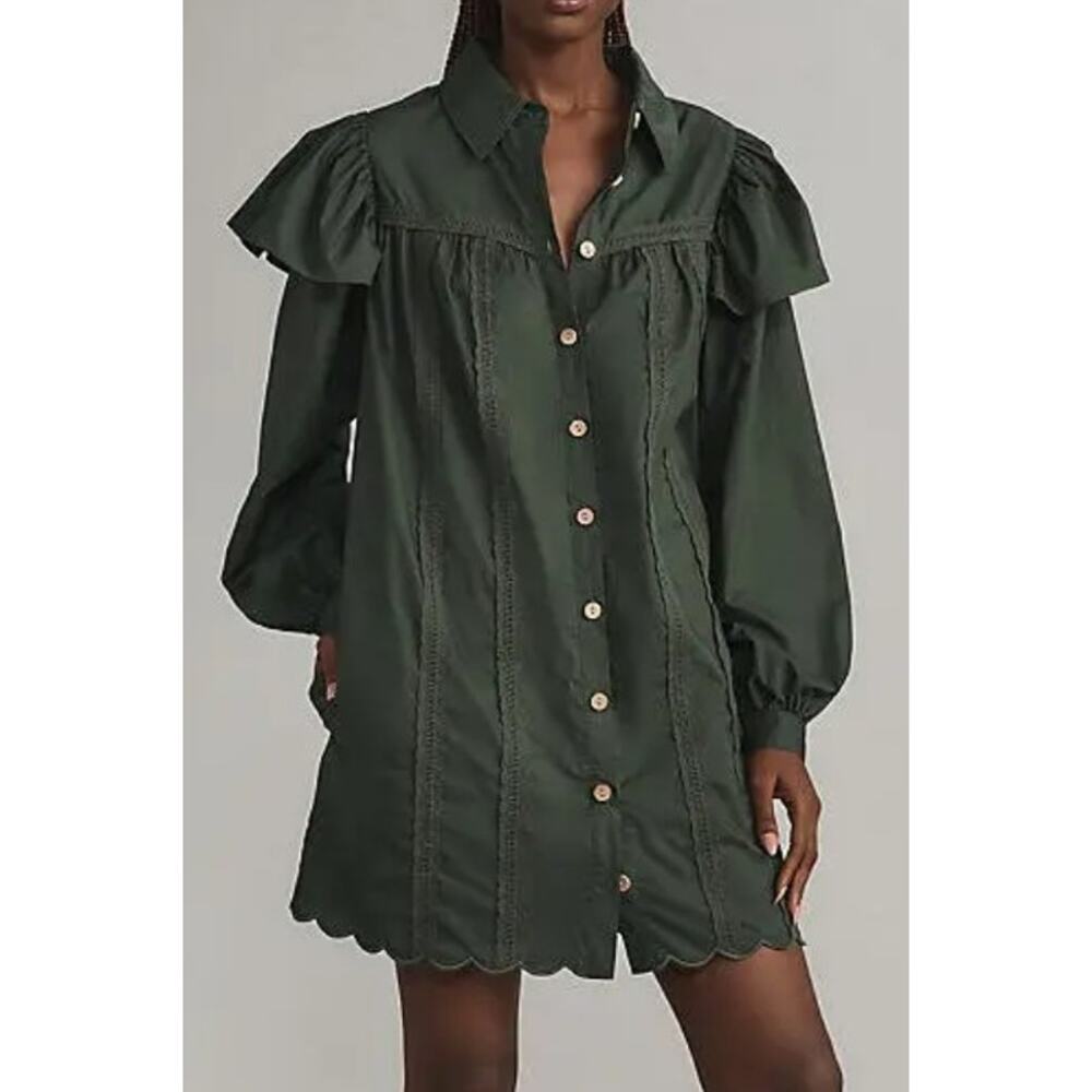 Farm Rio Anthropologie Green Boho Mini Shift Shirt Dress L Cottagecore Peasant
